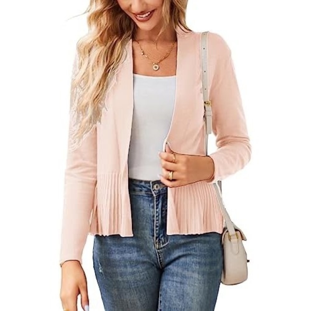 Grace Karin Cardigan Women XL Pink Pleated Hem Open Front Long Sleeve Sweater